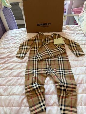 Burberry Beige Nova Check Infant Romper with Matching Hat